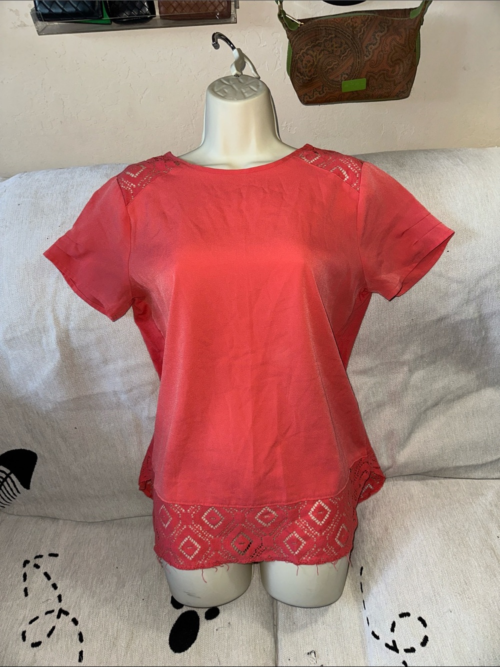 Van Heusen Coral Short-Sleeve Lace Trim Women's Top size S/P